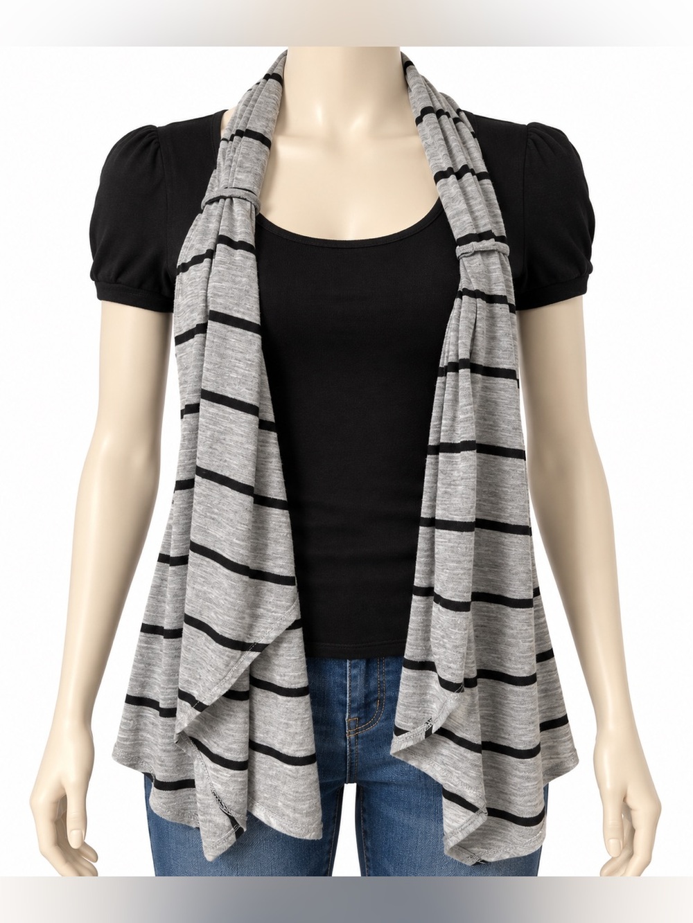 SWS Black Grey Striped Draped Scarf Top Short Sleeve Size S